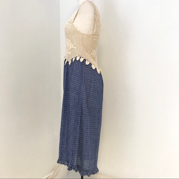 Vintage 70s Boho Crochet Top Print Midi Dress - Picture 6 of 11
